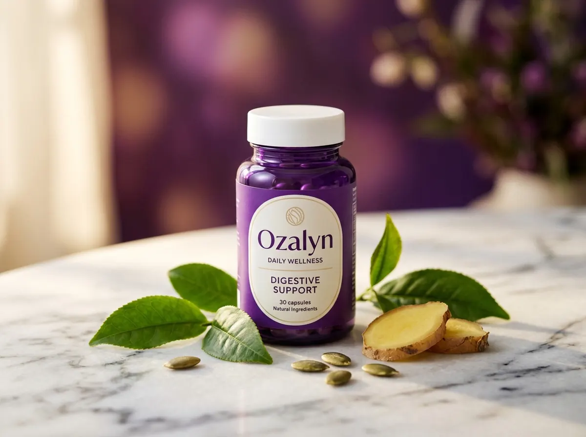Ozalyn supplement fles naast verse botanische ingrediënten - plantaardig voedingssupplement Nederland bestellen